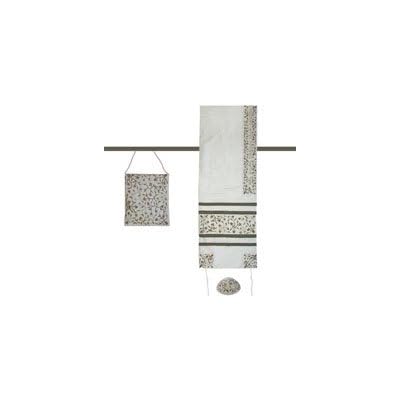 Embroidered Raw Silk Women Tallit Prayer Shawl Set - Tallisack - Flowers White - by Yair Emanuel - Size: 16 X 70"