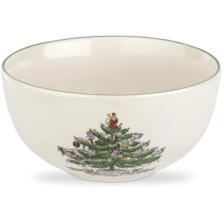 Spode Christmas Tree Large Round 10 Inch Bowl - Porcelain Serving Dish for Salad, Pasta, and Side Dishes - Iconic Holiday Design with Green Trim, Dishwasher, Microwave Safe - Festive Gatherings