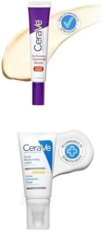 CeraVe Skin Renewing 10% Pure Vitamin C Serum with Ceramides for Brighter Skin, 30ml + CeraVe AM Facial Moisturising Lotion for Normal to Dry Skin with UV Protection, 52ml