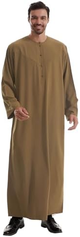 IWEMEK Men Muslim Thobe Long Sleeve Kaftan Robe with Pockets Saudi Arabic Thobe Ramadan Middle East Dubai Islamic Abaya Dress