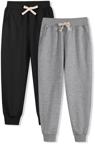 Phedrew 2 Pack Boys Kids Cotton Sweatpants Midweight Toddler Jogger Pants Pull On Pants with Drawstring Pockets2-14Y