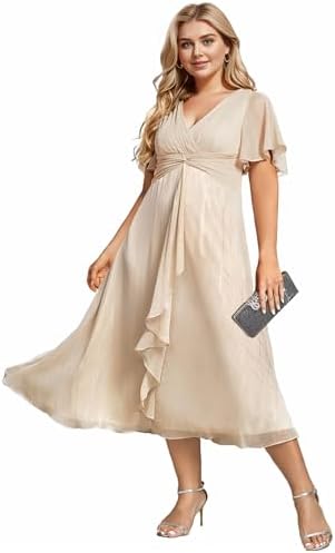 Ever-Pretty Plus Womens V Neck Pleated Plus Size Short Sleeves A Line Midi Semi Formal Dresses 02131-DA