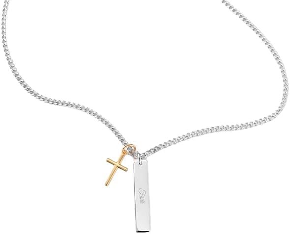 THINGS REMEMBERED Engraved Gold & Sterling Silver Cross and Bar Necklace (Free Customization)