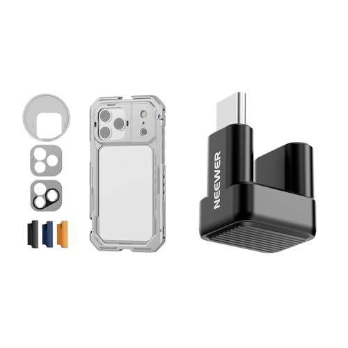 NEEWER PA144 Silver Phone Cage Compatible with iPhone 17 Pro Max  PS017 180 Degree U Shaped USB C OTG Adapter, Quick Release Video Rig Stabilizer with 67mm Filter Ring, 17mm Lens Backplate