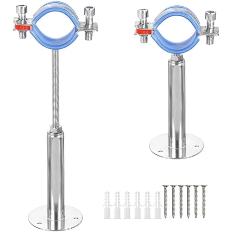 2 Pack Stainless Steel Wall Mount Ceiling Mount Pipe Supports, Adjustable Pipe Strap Bracket Clamp with Screws for Pipe 38-40mm 1-14 Adjustable Height 110-145mm