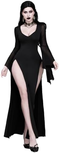 LANSHULAN Women Gothic Sexy V-Neck High Slit Mesh Bat Sleeve Halloween Goth Witch Dress Without Corset & Belt