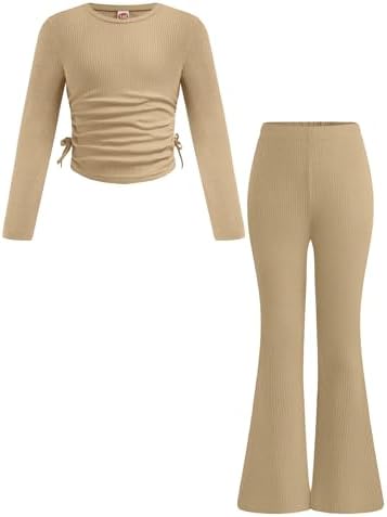 Yesfashion Girls Clothing Sets Casual Crew Neck Long Sleeve Fitted Ruched Top and Flared Leggings Pants Set