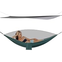 Camping Hammock with Net Tent and Rain Fly Tarp, 2 in 1 Portable Tree Hammock Outdoor, Tree Strap Hammock Set for Camping, Traveling, Hiking, Built-in Pocket, Load Max 440.9 lbs (Black+Green)