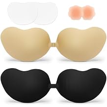 Sticky Push up Bra 2 Pair Invisible Reusable Strapless Backless Bra Adhesive Bra for Women with Nipple Covers Beige