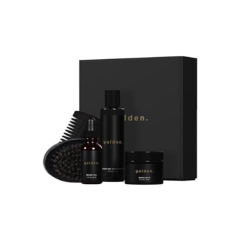 Golden Grooming Co. Beard Care Kit for Men - 5pc Grooming & Growth Set includes Beard Shampoo, Balm, Oil, Wood Comb & Boar Bristle Brush - Mens Self Care Gift Bundle