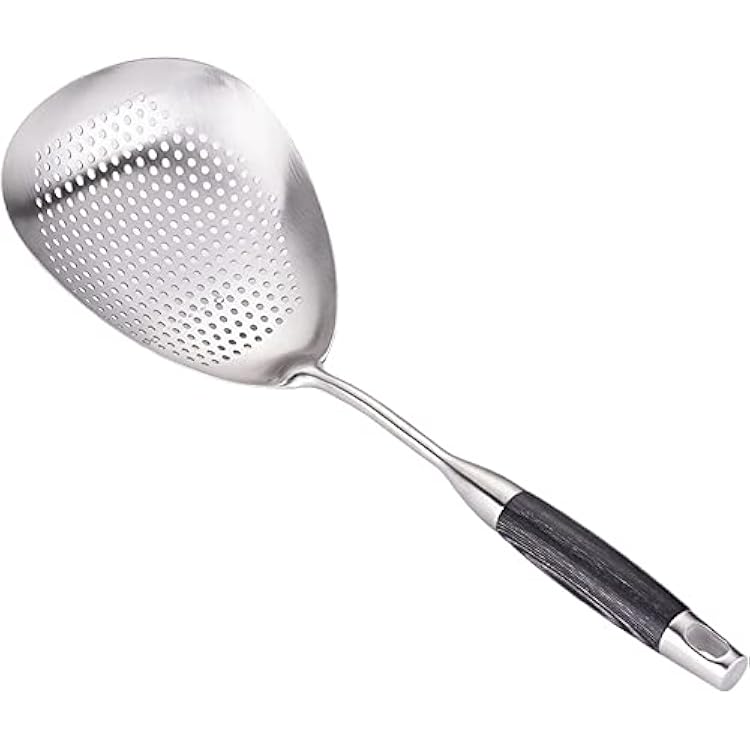 Skimmer Slotted Spoon - 304 Stainless Steel Mesh Strainer Spoon - 15in Large Slotted Pasta Spoon with Wooden Handle - Colanders & Food Strainers Spoon for Kitchen Cooking Draining and Frying