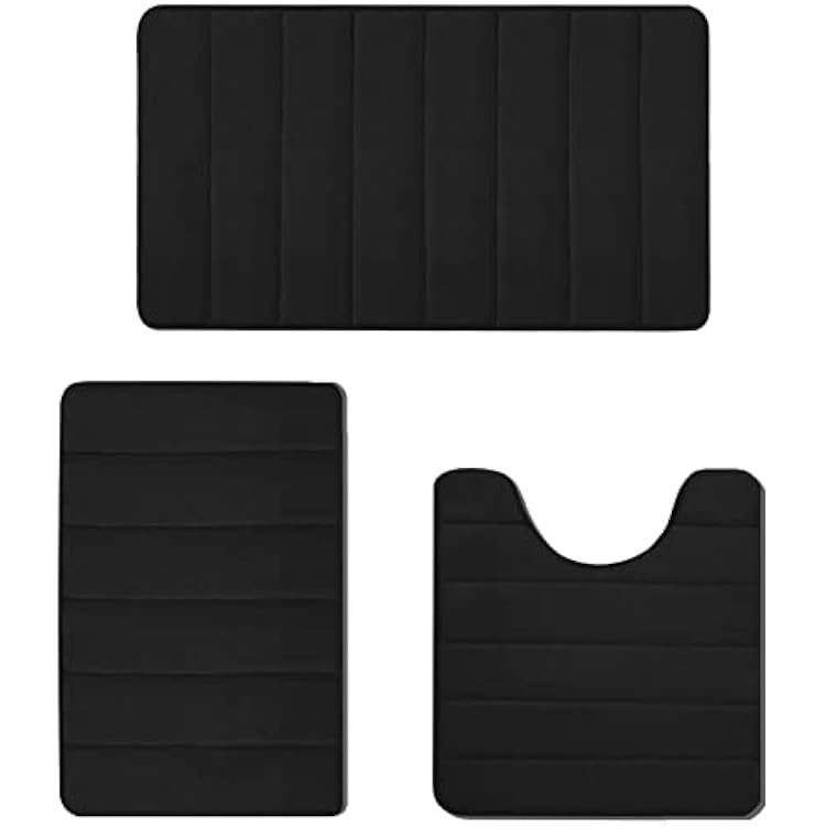 RUN HELIX Memory Foam Bathroom Rugs 3 Piece Set, Ultra Soft Water Absorbent Bathroom Rugs Quick Dry Machine Washable, Non-Slip Bath Mat 3 Pieces Set with PVC Backing- Black