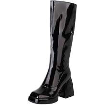 Women Square Toe Knee High Patent Leather Boots Chunky Heel Platform Knee Length Boot with Zipper