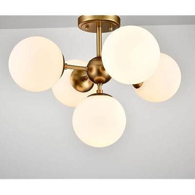 DIRYZON Mid Century Modern 5-Light Semi Flush Mount Ceiling Light,Brass Sputnik Ceiling Light with Opal Globe Glass for Living Room Bedroom Hallway