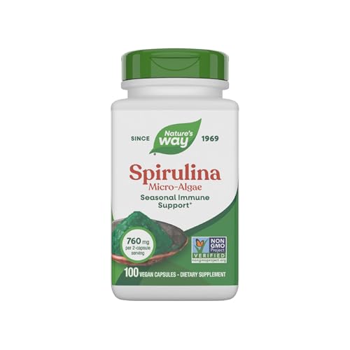 Natures Way Spirulina Micro-Algae, Seasonal Immune Support, Source of Vitamin A Beta Carotene, 760 mg per Serving, 100 Vegan Capsules Packaging May Vary