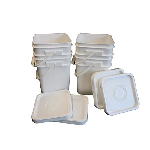 Ropak USA 4 Gallons Food Grade White Square Plastic Bucket with Handle & Lid - Set of 4