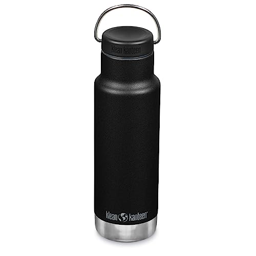 Klean Kanteen Classic Insulated Water Bottle with Loop Cap - Stainless Steel Drinking Bottle for Hot & Cold Beverages - Dishwasher-Safe Travel Bottle - Black, 12 oz