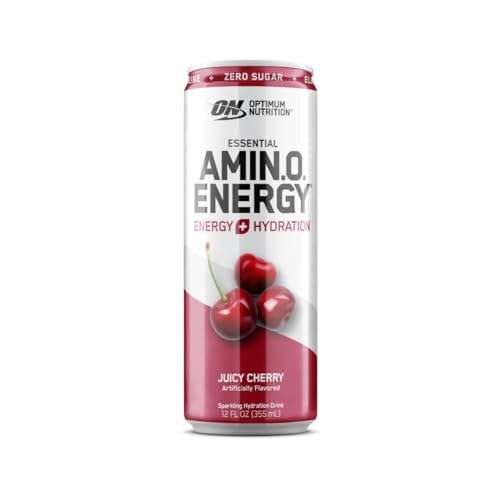 Optimum Nutrition Amino Energy Sparkling Hydration Drink, Electrolytes, Caffeine, Amino Acids, BCAAs, Sugar Free, Juicy Cherry, 12 Fl Oz, 1 count Packaging May Vary