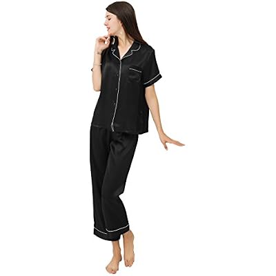 100% Cocoon Silk Womens Luxury Pajama Set ,Short-Sleeve with Long Pjs Pants Soft Sleepwear