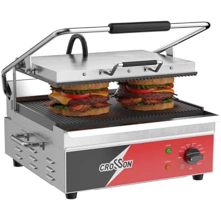 CROSSON 1511 Ribbed ETL Listed Commercial Electric Panini Grill,Hinged Auto Leveling Top Plate Panini Press Sandwitch Maker