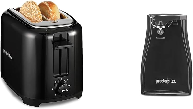 Proctor Silex 2-Slice Toaster with Extra Wide Slots for Bagels, Cool-Touch Walls, Shade Selector, Toast Boost, Auto Shut-off and Cancel Button, Black 22305 | Proctor Silex Power Electric Automatic Can Opener for Kitchen with Knife Sharpener, Twist-off Easy-Clean Lever, Cord Storage, Black 75217PS