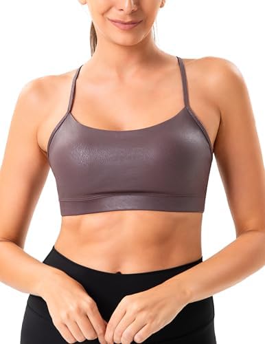YUNOGA Womens Y Back Matte Faux Leather Sports Bras Padded Racerback Spaghetti Thin Strap Support Workout Yoga Bra