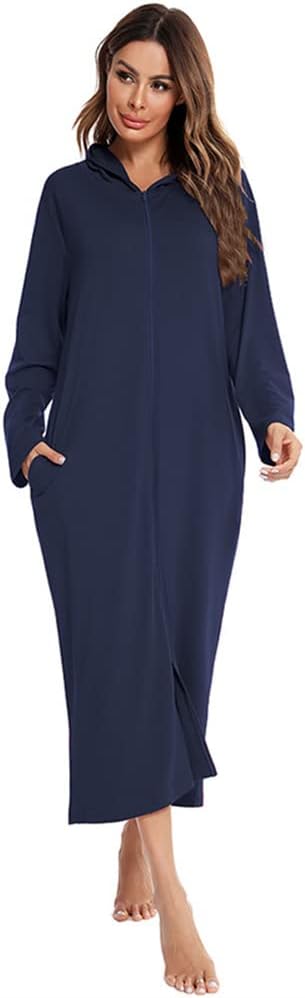 Womens Hooded Zipper Robe Long Sleeve Loungewear Full Length Nightgown with Pocket