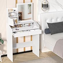 Vanity Desk with LED Lights and Mirror, Small Makeup Table with 2 Drawers & 3 Compartments, Modern Dressing Table Makeup Desk with 3 Adjustable Lighting Brightness for Women Girls White