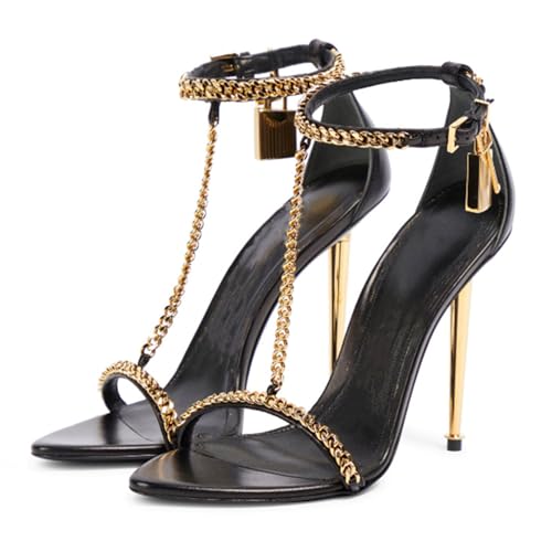 8cm One-Strap High Heels Stiletto Open-Toed Metal Chain Womens Shoes Decorative Lock Pointed Sandals