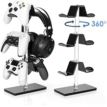 OAPRIRE 3 Tier Acrylic Controller Stand | Gaming Gear Organizer, Universal Controller Holder with Wide Reinforced Base, 360 Rotation, Built-in Cable Management Hole, Black