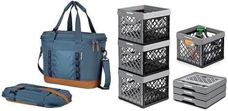 CleverMade Collapsible Pacifica Cooler - 30 Can - Ocean/Cognac and Collapsible Milk Crate (Recycled) - 25L - Stone (3PK) Bundle
