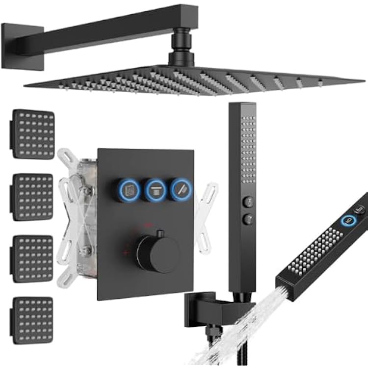 Shower System with Body Jets, STARBATH 12 Rain Shower with 2 in 1 Handheld and 4 Body Jets, Can Use All at Once, Push Button Thermostatic Valve and Trim Kit Complete Shower Faucets Sets, Matte Black