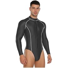 TiaoBug Mens Long Sleeves Tummy Control Bodysuit Shapewear Oily Glossy Compression Shirts Swimsuit