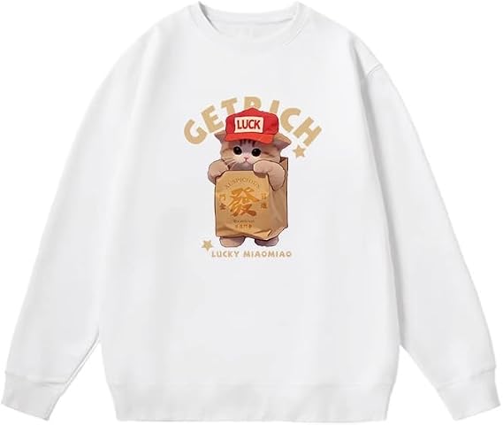 Lucky Miaomiao Get Rich Embroidered Oversized Fleece Cute Fortune Cat Pullover Women Sherpa Lined Sweatshirt-w-s White