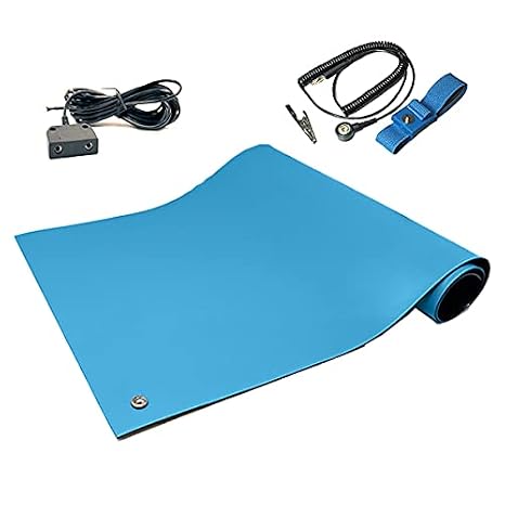 RubberStat Dual Layer ESD Compliant Workstation Rubber Table Mat Kit, Soldering, Cell Phone Repair, with Wrist Strap Set and Ground Cord - 36"x72" Blue
