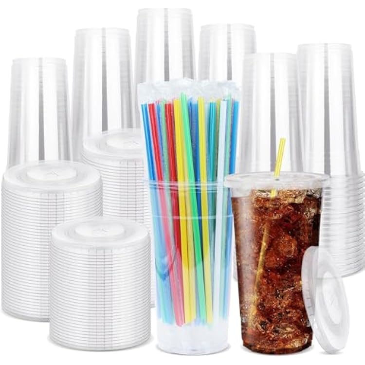 100 Sets 32 oz Clear Plastic Cups with Lids and Individually Wrapped Straws Disposable PET Cups for Iced Coffee Cold Drinks Smoothie Juice Parfait Milkshake Parties