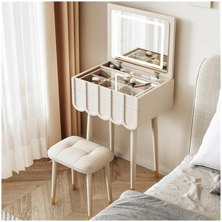 Vanity Table Dressing Table Wooden Dressing Table Set with Flip-Up Mirror & Stool - Elegant Makeup Vanity Desk & Space-Saving Bedroom FurnitureWhite