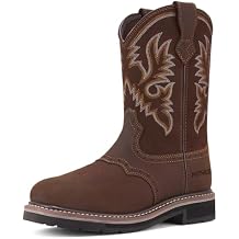 HISEA NINGO Steel Toe Work Boots for Men, Waterproof Square Toe Cowboy Boots Slip on, Comfortable Soft Toe Pull on Western Safety Work Shoes for Construction Industrial Working Welding Riding, Brown