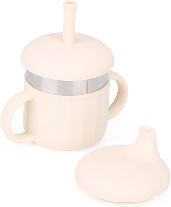 Baby Sippy Cup, Silicone Training Stainless Steel Kid Cups, Break Resistant Straw Lid Cup for Infants 6-12 Month Toddlers and 1-3 Year Kids, 7.4 Oz Water Drinking Cup (Beige, 1pc)
