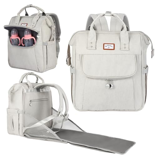 Diaper Bag Backpack, with Diaper Changing Table Backpack, Foldable Diaper Pad, Lightweight Large Capacity, Essential Diaper Bag for Daily Travel Light Gray