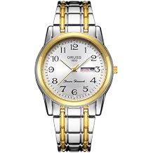 Men's Gold and White Watch in Gift Box – Stainless Steel Two-Tone Bracelet, Quartz Movement, Day-Date Display, Water Resistant Dress Watch with Gift Box – Elegant Business Casual Timepiece
