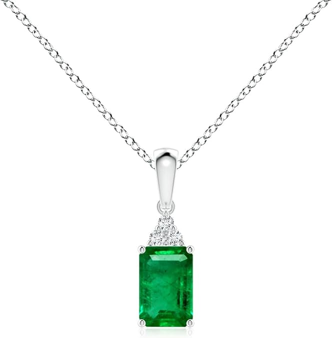 Angara Natural Emerald Solitaire Pendant for Women | Emerald Pendant with Diamond Trio in 14K Solid Gold/Silver/Platinum With 18" Chain | May Birthday, Gemstone Jewelry Gift