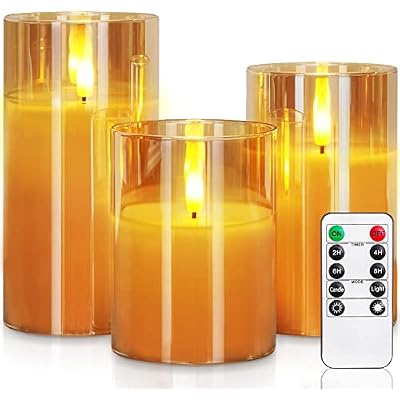 Homemory Amber Glass Flameless Candles, Battery Operated LED Pillar Candles with Remote Control and Timer, Radiance Candles, Real Wax, Set of 3,D3 xH4 5 6"