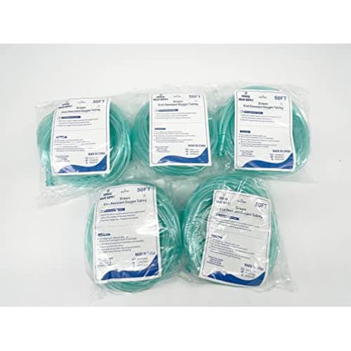 Crush-Resistant Oxygen Tubing, 50ft - Green, Suitable for Major Oxygen Therapy Brands - 5 Pack