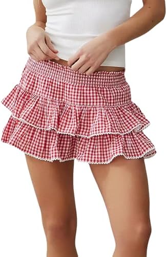 Women Y2k Plaid Ruffle Mini Skirt Ruffle Hem Pleated Tiered Short Skirt Fairycore Flowy Gingham Skirt Streetwear