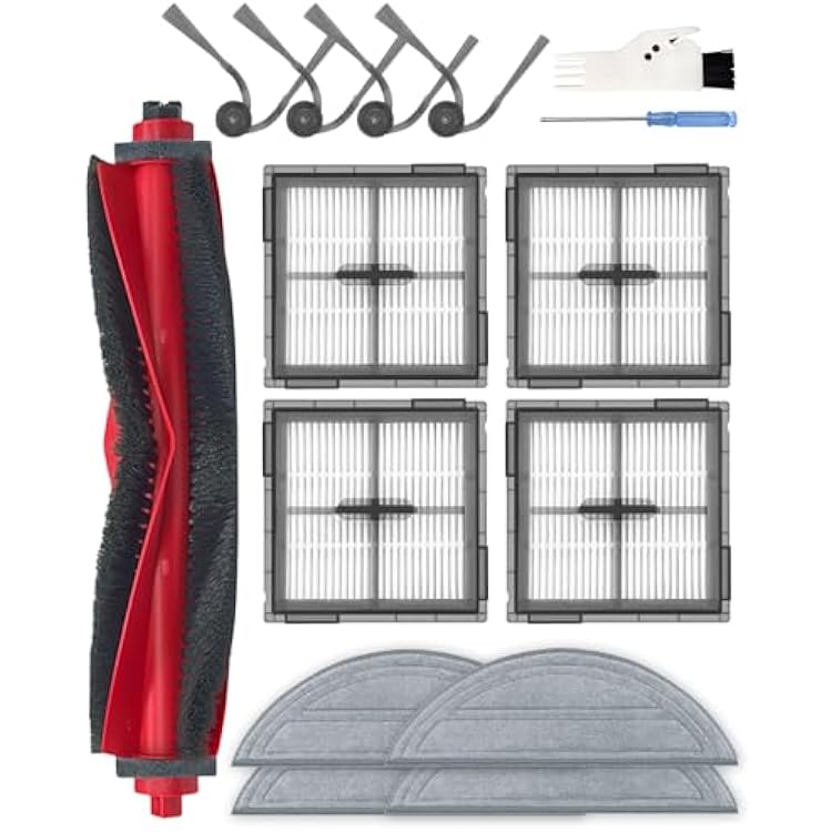 15 Pcs Replacement Parts for Roborock Q10 S5Q10 S5 Robot Vacuum Cleaner, Accessories Kit with 1 Main Brush, 4 Side Brushes, 4 HEPA Filters, 4 Mop Pads, 1 Cleaning Brush