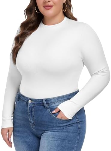 COOTRY Women's Plus Size Long Sleeve Shirts Crew Neck Slim Fitted Basic Tops Fall Clothes