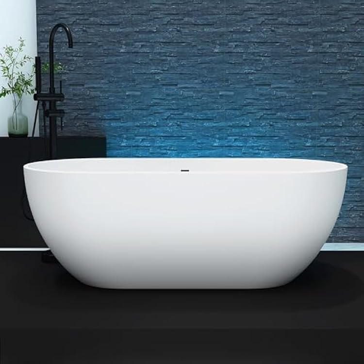 59 Freestanding Tubs Bathtub Bathroom Solid Surface Resin Stone Bathtubs soaker Tubs Oval Shaped Matte Luxury Modern Soaking Tub with Overflow and Pop-up Drain - White