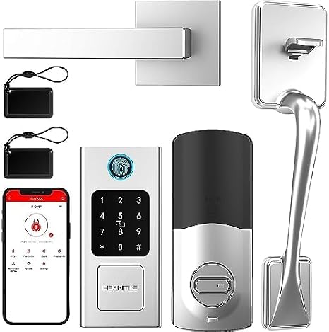 Smart Lock Front Door, HEANTLE Front Door Lock Set Keyless Entry Fingerprint Smart Deadbolt Bluetooth Electronic Digital Keypad Alexa Silver