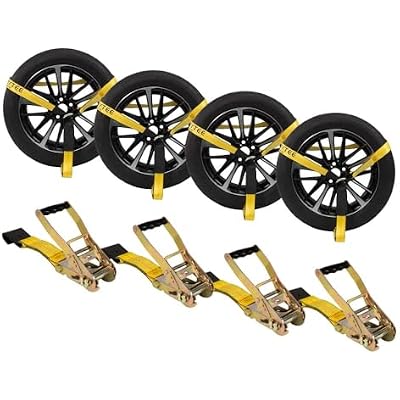 Mytee Products 4 Pack 2 x 120 Car Trailer Tie Down Straps with Flat Hook - 3333 LB WLL Lasso Style Tire Straps for Vehicle Hauling